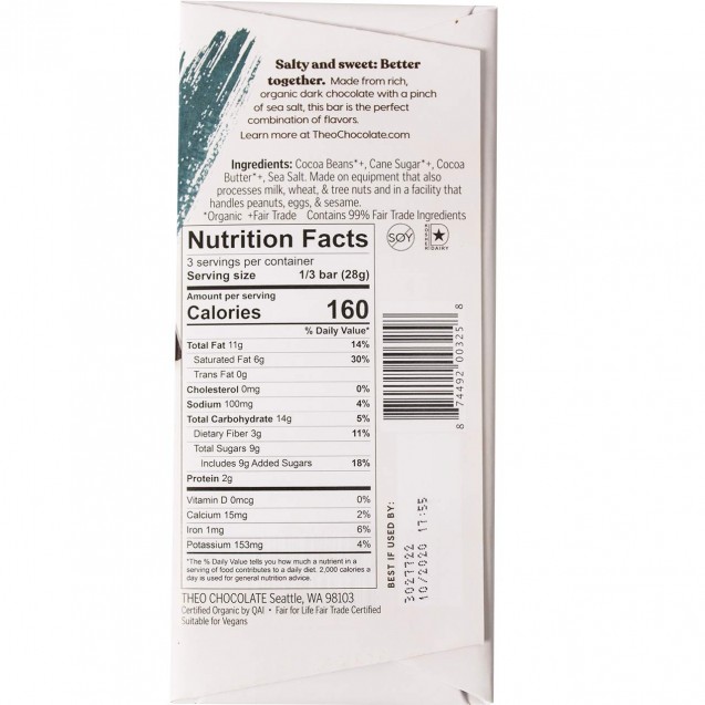 Theo Chocolate Sea Salt 70% Dark (12x3 OZ)